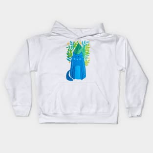 Cat and foliage - blue and green Kids Hoodie